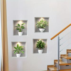 TEMU 4pcs 현대적인 녹색 플랜터 벽 스티커 - 쉬운 벗기고 붙이기 PVC 스티커, 현대적인 집과 사무실 장식, 거실과 작업 공간, 자연을 영감으로 한 디자인, 실내 벽 장식 | 현대적인 디자인 | 쉬운 적용, 벽 장식