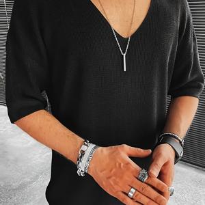 TEMU 여름 남성용 루즈핏 반팔 티셔츠 얇은 V넥 솔리드 컬러 멀티웨어 니트 풀오버 탑