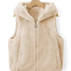 TEMU 여성용 우아한 후드 조끼 - 지퍼 클로저, 부드러운 플러시 질감의 민소매 아우터웨어, 가을/겨울용 논스트레치 코트, 매일 착용 가능한 시크한 레이어링 아이템 - 내구성 있는 지퍼 디자인