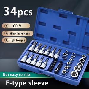 TEMU 34개 E-타입 렌치 스타 여성 헤드와 토크 렌치 헤드 세트, 광택 및 밝은 표면, 육각형, 평면, 둥근 헤드 디자인 - 자동차 및 기계공학 필드용 종합 드라이브 렌치 세트, 조립 필요 없음, 견고한 보관 상자 포함