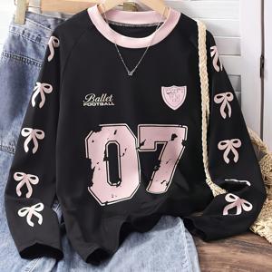 TEMU 소녀용 캐주얼 긴팔 티셔츠, 리본과 숫자 07 프린트, 블랙 컬러 블록 래글런 소매 디자인과 핑크 악센트, 라운드 넥 스트레치 원단, 봄/가을 청소년을 위한 세탁기 사용 가능한 패션 스타일, 비침 방지 소재