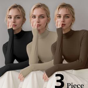 TEMU 여성용 우아한 슬림핏 보온 속옷 3pcs - 긴팔 목폴라 베이스레이어, 가을 & 겨울을 위한 팬티, 부드럽고 따뜻한 란제리 (블랙/화이트/브라운) - 일상과 특별한 날에 다양하게 활용할 수 있는 여성용 속옷, 최고의 속옷, 높은 컷팅된 여성용 팬티, 여성용 속옷|란제리