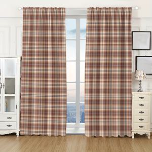 TEMU 2개 세트 - 열차단 & 커튼, 브라운/베이지/레드/검정색의 체크무늬 창문걸이 장식. 거실·침실·사무실용으로 적합한 에너지 효율형 폴리에스터 소재 (기계 세탁 가능), 로드포켓 디자인과 모던한 Farmhouse 데코
