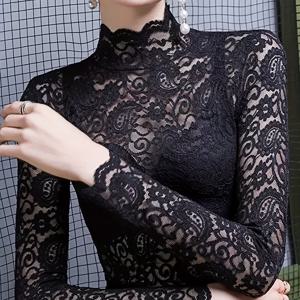 TEMU 페즐리 레이스 스캘럽 트림 탑, 우아한 롱슬리브 터틀넥 슬림 탑, 봄 & 가을 여성 의류