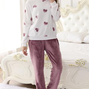 TEMU 여성용 플란넬 파자마 세트, 2피스, 긴팔 상의 & 바지, 부드러운 둥근 목, 캐주얼 홈웨어, 하트 프린트, 폴리에스테르, 올 시즌, 성인 사이즈, 니트 원단