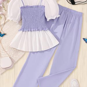 TEMU 봄/여름 여아용 새로운 패셔너블 귀엽고 우아한 아트 디자인 라운드넥 버블 슬리브 러플 헴 탑 + 스플라이싱 얇은 스트랩 타이 웨이스트 솔리드 컬러 크롭 탱크 + 다용도 솔리드 팬츠 세트 - 봄 나들이, 해변 휴가, 여행, 파티에 완벽한 편안한 캐주얼 투피스 세트 (가방 및 액세서리 제외), 야외 활동에 적합