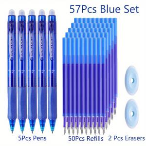 TEMU 57개 세트 0.5mm 전문가용 지울 수 있는 대용량 중립 펜 세척 가능한 손잡이 지워지는 매직 젤 펜 사무용 필기구(5펜+50리필+2지우개)