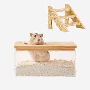 TEMU 투명 목재 애완동물 모래욕 용기 & 화장실 - 햄스터, 기니피그, 토끼, 저빌, 친칠라, 다람쥐, , 슈가 글라이더용 - 통기성 및 위생적인 애완용품 (무료 미니 계단 포함), 목욕용 모래 용기,소동물 목욕,동물 목욕 키트,목재 목욕 용기,투명 용기, 펫 액세서리,재생 목재 소재