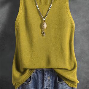 TEMU 봄가을 심플 솔리드 컬러 민소매 니트 조끼, 라운드넥 캐주얼 니트 조끼