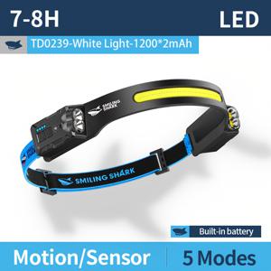 TEMU 1pc COB 헤드램프, SMILING SHARK TD0239 센서 헤드라이트, 회전 가능한 헤드 플래시 라이트 5 모드, Type-C 충전식, 배터리 전원 표시, 버튼 및 인덕션 스위치, 가벼운 야외 캠핑, 하이킹, 낚시, 모험에 이상적