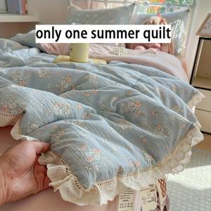 TEMU 1개 여름용 플로랄 더블 레이어 시스루 레이스 트림 경량 담요 - 통기성 좋은 라이트 베이지, 싱글/더블 침대 및 소파 & 기숙사용, 세탁 가능한 부드러운 폴리에스터 이불, 피부 친화적 소재의 사계절용 컴포터, 기숙사 필수품|이불