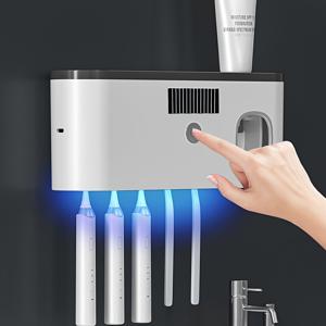 TEMU 1개 스마트 전동 칫솔 홀더 자동 디스펜서 및 충전 포함 - 벽걸이형 5구 욕실 정리함, USB 전원 터치 센서 제어, 내구성 있는 플라스틱 모던 디자인 치약 및 칫솔 보관 - 어버이날, 스승의날 선물로 이상적 (공간 절약형 욕실 정리), 욕실용 칫솔 홀더, 벽걸이형 칫솔 및 치약 홀더, 욕실 칫솔 정리함, 칫솔 및 치약 홀더, 치약 정리함