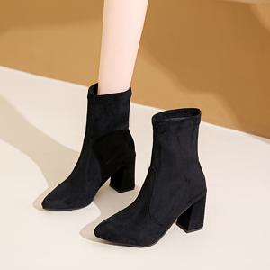 TEMU 여성 패션 슬립온 하이 힐 부츠 - 스타일리시한 블랙, 브라운, 탄 겨울 부츠, 블록 힐, 편안한 고무 밑창, 야외 활동에 이상적, 야외 신발 | 스타일리시한 하이 힐 부츠 | 고무 밑창 부츠