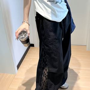 TEMU 여성용 홀 레이스 패치워크 오버올, 캐주얼하고 세련된 디자인, 부드러운 레이스 장식, 조절 가능한 밴딩 허리, 사이드 포켓, 편안한 루즈핏, 봄·가을에 적합한 팬츠|여름바지