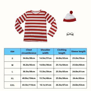 TEMU 가을 파티 할로윈 의상, 무대 공연 월리 의상, 역할극, 코스프레, 할로윈 카니발, 파티, 모자, 안경, 상의, 성인용 코스튬 파티, 만화 캐릭터, 할로윈 파티 남성용 의상 세트 3개