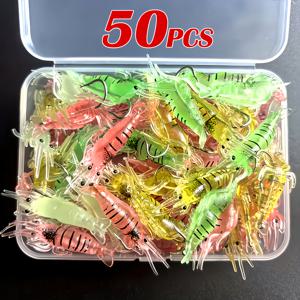 TEMU 50개 야광 소프트 낚시 미끼 (바늘 포함) - 리얼한 새우 & 웜 디자인, 4cm 혼합 색상 (녹색, 노란색, 분홍색), 배스, 잉어, 잉어용 - 야외 낚시 액세서리, 낚시 미끼 및 미끼, 생생한 미끼 디자인, 내구성 좋은 미끼 소재