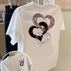 TEMU 여성용 데이 하트 프린트 티셔츠 - 캐주얼 크루 넥, 반팔, 편안한 핏, 클래식 디자인, 봄/여름/가을용 패션 양면 프린트 탑, 캐주얼 웨어 | 데이 탑 | 레이스/리본 백 블라우스, 레이스가 있는 타이트 셔츠, 리본이 있는 매력적인 여성 셔츠, 리본 셔츠, 패션 포워드 프론트 타이 블라우스, 카마바라 데 무에르 여성용 탑, 스타일리시 여성 셔츠