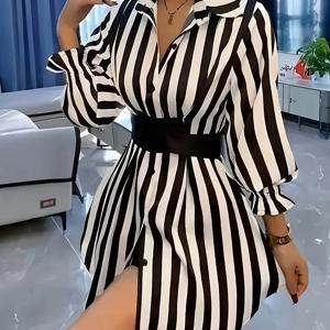 TEMU 여성용 우아한 화이트 & 블랙 미디 블라우스 - 숏 슬리브 칼라 셔츠, 허리 타이 벨트, A라인 실루엣, 오피스, 캐주얼, 세미 포멀 웨어, 세탁기 사용 가능 봄/가을 트렌치 코트