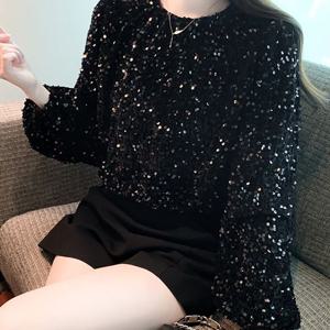 TEMU 여성 봄 데일리 라운드넥 반짝이는 장식 긴팔 티셔츠 상의 봄 여름 가을 데일리 캐주얼 폴리에스테르 스팽글 라운드 긴팔 소프트 블라우스 단체복