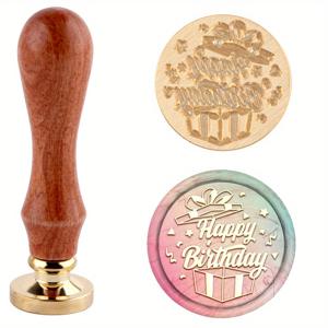 TEMU 생일 선물 상자 패턴 왁스 씰 스탬프, 봉투 및 카드 생일 선물 포장 장식용 목재 손잡이가 있는 황동 헤드 스탬프
