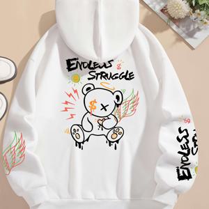 TEMU Bear & Letter 프린트 후드티, 캐주얼 포켓 긴 소매 드로스트링 후드티 스웨트 셔츠, 여성 의류