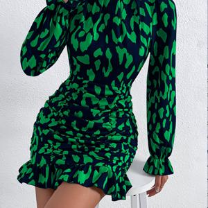 TEMU 여성용 우아한 하이넥 긴팔 드레스 - 그린 & 네이비 플로럴 프린트, 러치 디테일, 사이드 지퍼, 봄/가을 다용도 착용, 비투명 소재