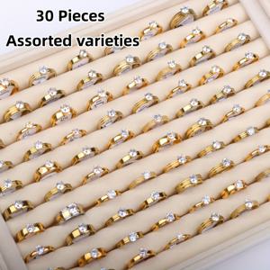 TEMU 10/20/30pcs 우아하고 간단한 스테인레스 스틸 인레이드 라인스톤 여성용 반지, 제안 결혼기념일 장식 선물