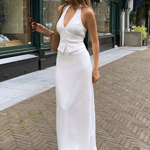 TEMU 여성을 위한 우아한 화이트 V넥 헐터 탑과 맥시 스커트 세트, 95% 폴리에스테르 5% 엘라스탄, 단색, 니트 소재, 올시즌, 낮은 허리와 측면 슬릿이 있는 섹시한 두 개의 피스
