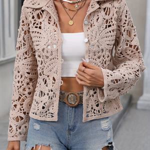 TEMU 베이지 레이스 재킷 - 반투명 칼라 카디건, 단추 앞면, 짧은 소매 우아한 , 사계절 착용 가능, 손세탁 가능한 캐주얼에서 드레시한 아우터웨어 (드라이클리닝 금지) - 청바지 & 드레스용 레이스