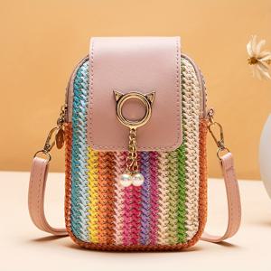 TEMU 여성용 미니 크로스바디 백 - 귀여운 메탈 장식이 있는 세련된 짚으로 짠 스타일 - 대학, 휴가, 일상 통근을 위한 캐주얼한 경량 지퍼 지갑 - 폴리에스테르 안감 - 조절 가능한 끈, 15세 이상