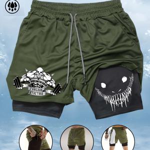 TEMU 남성용 프린트가 있는 이중층 스포츠 반바지 - 노란색 및 흰색, 체육관, 달리기, 야외 하이킹, 축구, 농구 및 축구를 위한 다중 포켓 디자인 - 통기성이 좋은 니트 소재, 신축성 있는 허리끈 및 끈, 전 착용