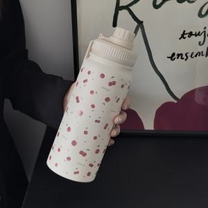 TEMU 벚꽃 스포츠 물병 - 600ml/800ml/1000ml 스테인리스 단열 컵, 휴대용 스트랩 포함, 열 및 냉 음료용 이중벽 진공 디자인, 여행, 체육관, 야외 활동 및 선물에 완벽
