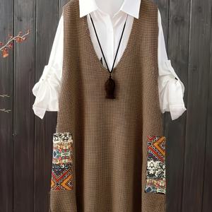 TEMU 1pc 여성용 플러스 사이즈 캐주얼 V넥 아크릴 니트 드레스, 컬러 블록 패턴, 약간 늘어나는 원단, 봄/가을용 포켓 디테일
