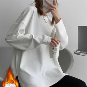 TEMU 여성용 방향성 화이트 루즈핏 슬리밍 롱슬리브 티셔츠, 측면 슬릿이 있는 단색, 가을과 겨울 레이어링에 적합합니다.