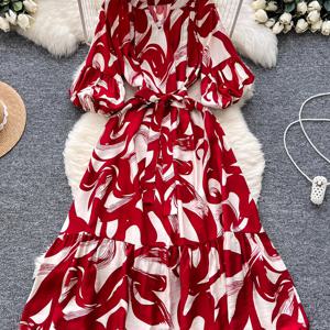 TEMU 우아한 레드 & 화이트 추상 프린트 랜턴 슬리브 타이 웨이스트 미디 드레스 - 플로우 아이라인, 비신축 폴리에스터, 세탁기 사용 가능, 봄/여름에 완벽한 여름 드레스