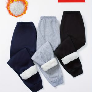 TEMU 3팩 남아용 보온 플리스 안감 조거 팬츠 - 신축성 있는 허리밴드, 루즈핏 스트레치 니트 바지 3세 이상, 네이비/블랙/그레이, 봄 & 가을 캐주얼 웨어, 야외 활동에 적합