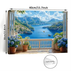 TEMU 【2D 플랫】 1개 목재 프레임 캔버스 그림 - 바다의 평온한 발코니 뷰, 파란 꽃이 있는 해안 풍경, 거실 및 침실 장식에 이상적, 완벽한 크리스마스 선물, 11.8x15.7인치, 해안 홈 데코