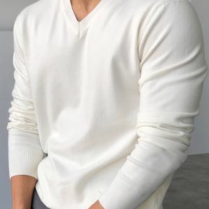 TEMU 남성용 V넥 니트 스웨터 - 중년 남성을 위한 두꺼운 캐주얼 비즈니스 풀오버, 긴 소매, 가을/겨울에 적합한 리브 디테일