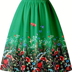 TEMU 여성용 꽃무늬 프린트 A라인 스커트 - 신축성 있는 허리, 반길이, 생생한 녹색으로 다색의 꽃과 나비가 장식되어 있으며, 봄과 여름을 위한 플로우디한 디자인, 캐주얼한 착용 | A라인 실루엣 | 폴리에스터 소재