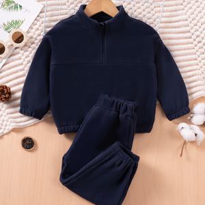 TEMU 가을 겨울 남아용 따뜻한 세트: 스타일리시 솔리드 컬러 하프 지퍼 플리스 후디 & 팬츠 투피스, 일상 및 야외 활동에 완벽