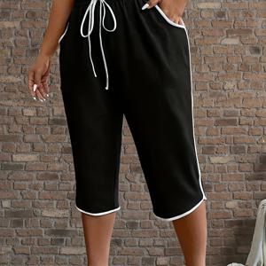 TEMU 여성용 편안한 스트레치한 3분의 4 바지 - 캐주얼 스타일, 폴리에스터 블렌드, 단색, 기능성 포켓, 봄/여름 착용, 벨트 없음, 니트 소재, 중간 스트레치, 레그, 주말 캐주얼 의식