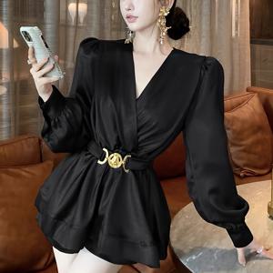 TEMU 프랑스 스타일의 우아한 여성 고급 사탕 V넥 허리 조임 퍼프 슬리브 셔츠 봄, 여름, 가을 의상, 우아한 상의.