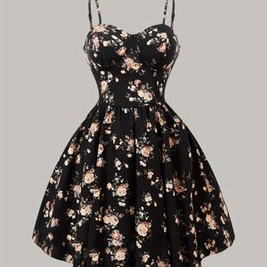 TEMU 우아한 로맨틱 프린트 드레스, 버스트 컵 포함, 데이트, 외출, 패셔너블하고 심플한 다용도 출퇴근 일상복, 백투시즌, 조절 가능한 얇은 스트랩과 지퍼가 있는 여성용 드레스