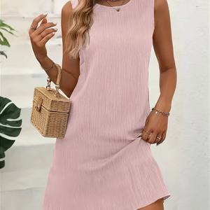 TEMU 여성용 슬리브리스 A라인 드레스 - 캐주얼 크루 넥, 단색 녹색, 가벼운 폴리에스터, 봄/여름용, 여성 드레스