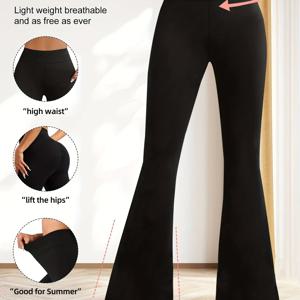 TEMU 1pc 여성용 하이웨이스트 스트레치 벨 바텀 - 플레어 디자인, 통기성 및 편안함, 캐주얼 웨어 - 솔리드 블랙, 봄/여름/가을에 완벽, 바지, 의류, 하이웨이스트 디자인, 탄성 허리띠