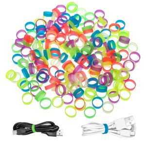 TEMU 200개 실리콘 링 - 재사용 가능한 탄성 작은 고무 밴드, 다양한 색상(녹색, 파란색, 노란색, 분홍색, 주황색, 보라색) 학교, 가정, 사무실 정리 및 케이블 관리용