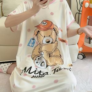 TEMU 여성용 여름 반팔 잠옷 - 귀여운 곰돌이 & 도트 디자인, 가벼운 통기성 원단, 편안한 라운드넥 나이트가운, 세탁 가능한 캐주얼 홈웨어, 중간 신축성 소재, 부드러운 슬립웨어, 루즈핏 잠옷, 청소년 및 성인용