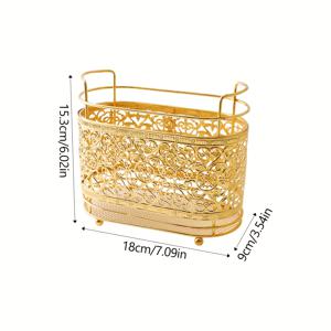 TEMU 1개 모던 골든 캐스트 아이언 주방 카운터탑 도구 정리대, 타원형 및 직사각형 격자 디자인, 나무 받침대 & 배수구 포함 - 요리 도구, 젓가락용 멀티펑셔널 스토리지, 장식적인 카운터탑 데코, 다용도 주방 랙 | 우아한 격자 디자인 | 내구성 있는 캐스트 아이언, 주방 액세서리