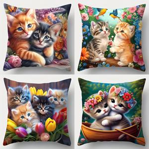 TEMU 귀여운 고양이 프린트와 아름다운 꽃, 나비, 새 패턴 디자인의 현대 스타일 17.7x17.7인치 베개 커버 4개 세트, 단면 인쇄, 지퍼 클로저, 손세탁 가능, 폴리에스터 소재, 거실 소파 홈 데코용 쿠션 커버만 포함, 베개 내부 미포함