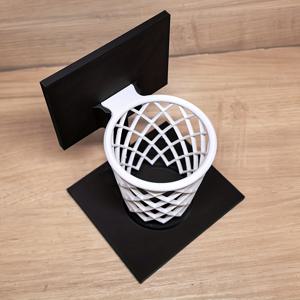 TEMU 3D 프린팅 농구대 펜 홀더 - 블랙 베이스 & 화이트 격자 디자인의 창의적인 책상 정리함, 홈 오피스용 멀티펜 보관, 스포츠 팬 선물, 공간 절약형 장식 액세서리, 후프 모양 디자인 | 견고한 구조